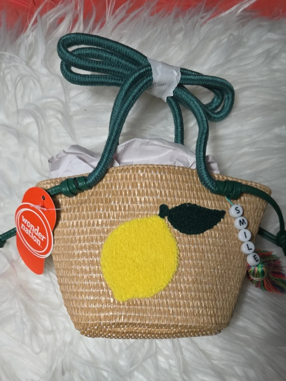 wonder nation Straw Crossbody Bag with Yellow Lemon and Green Strap